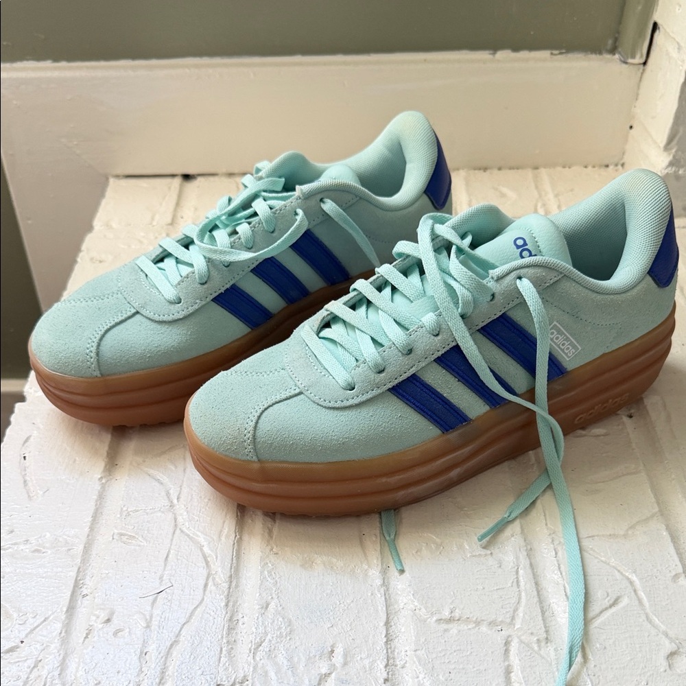 Adidas Light Green Sneakers with Blue Stripes